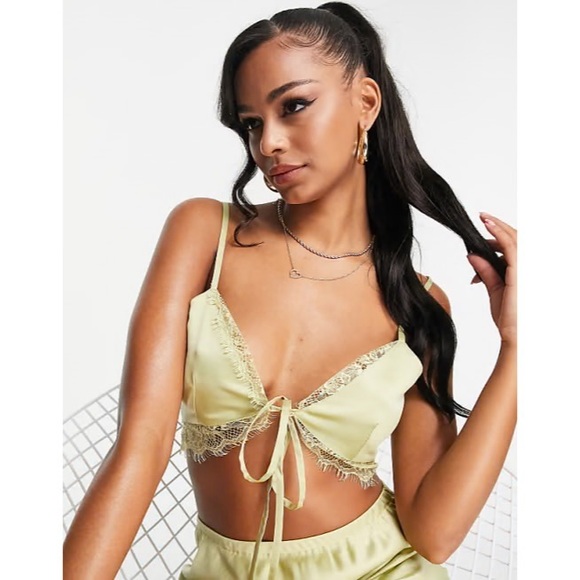 ASOS Tops - ASOS DESIGN satin lace trim olive green bralette crop top